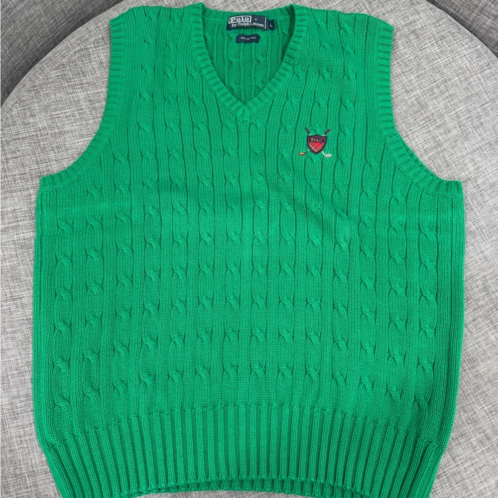 Ralph Lauren Green Cable-Knit V-Neck Sweater Vest